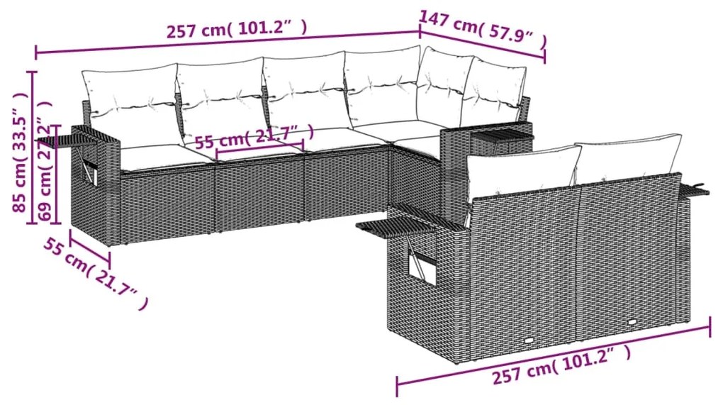 7 pcs conjunto sofás p/ jardim c/ almofadões vime PE cinzento