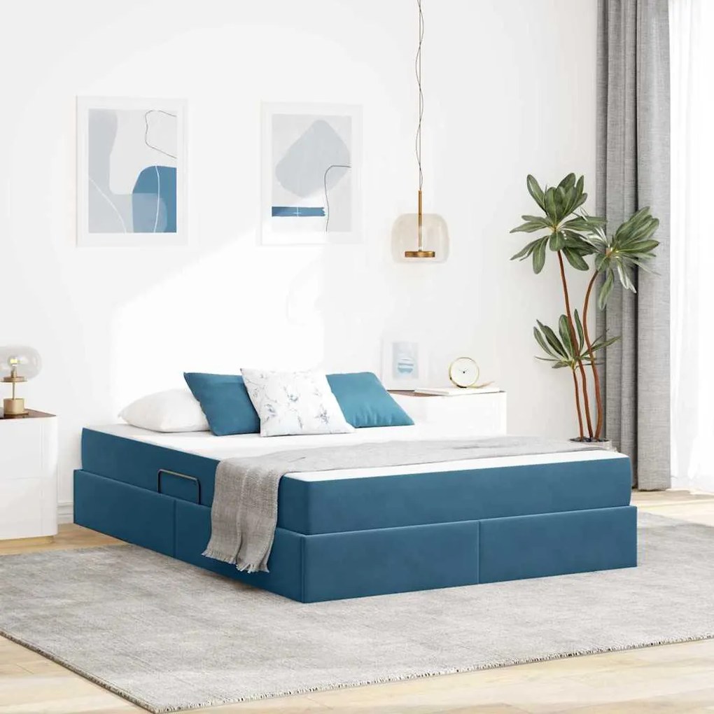 vidaXL Cama com arrumação e colchão Azul Escuro 140 x 200 cm Veludo