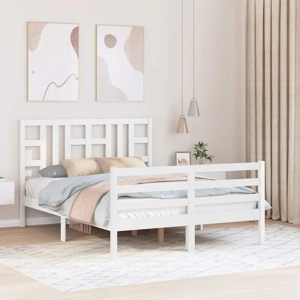 Estrutura de cama de casal com cabeceira madeira maciça branco