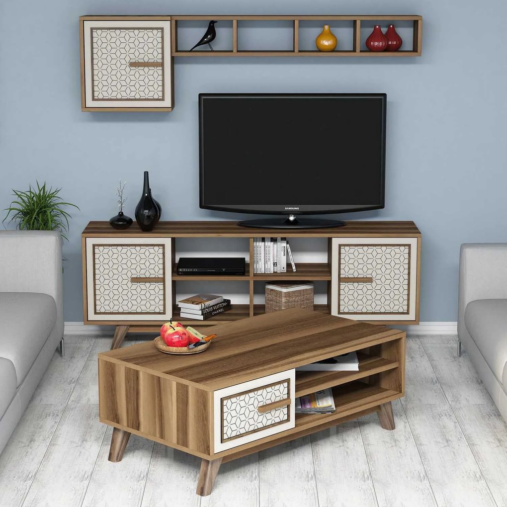 Conjunto de Mobiliário de Sala Ayla – Nogueira e Creme – Diversas Medi