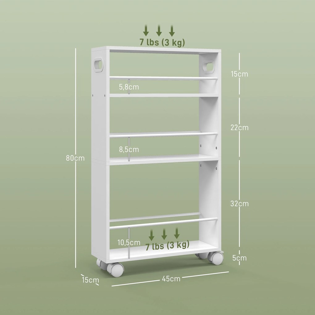 Carrinho Auxiliar com rodas 3 prateleiras com Barras Laterais e Alças para Banheiro cozinha 45x15x80 cm Branco