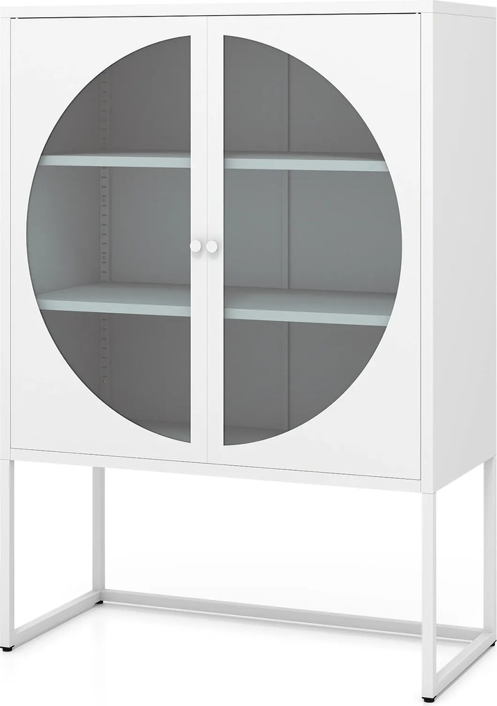 Aparador Expositor com Porta Redonda de Vidro, 85 x 40 x 121 cm, Prateleiras Ajustáveis, Branco