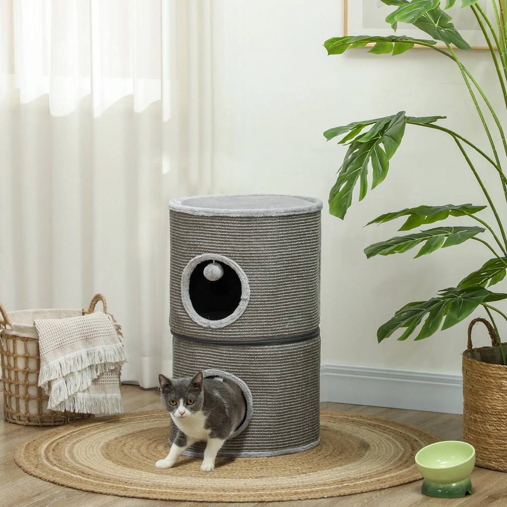 Cama para gatos modular em forma de barril com arranhador, com fecho de correr, separável, 3 níveis e duas bolas, Ø 42 x 69 cm (altura), cinzento