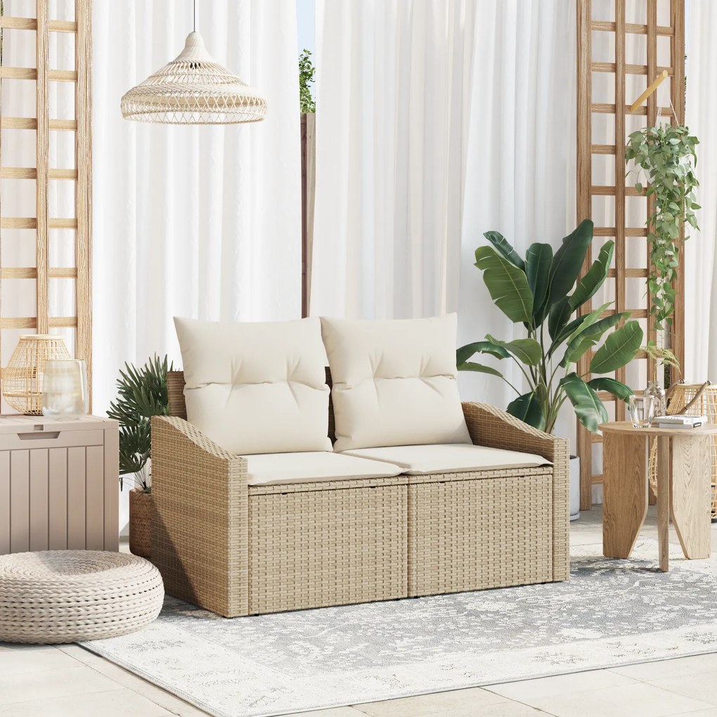 Sofá de Jardim 2 Lugares vidaXL com Armazenamento e Almofadas Bege em Rattan Sintético