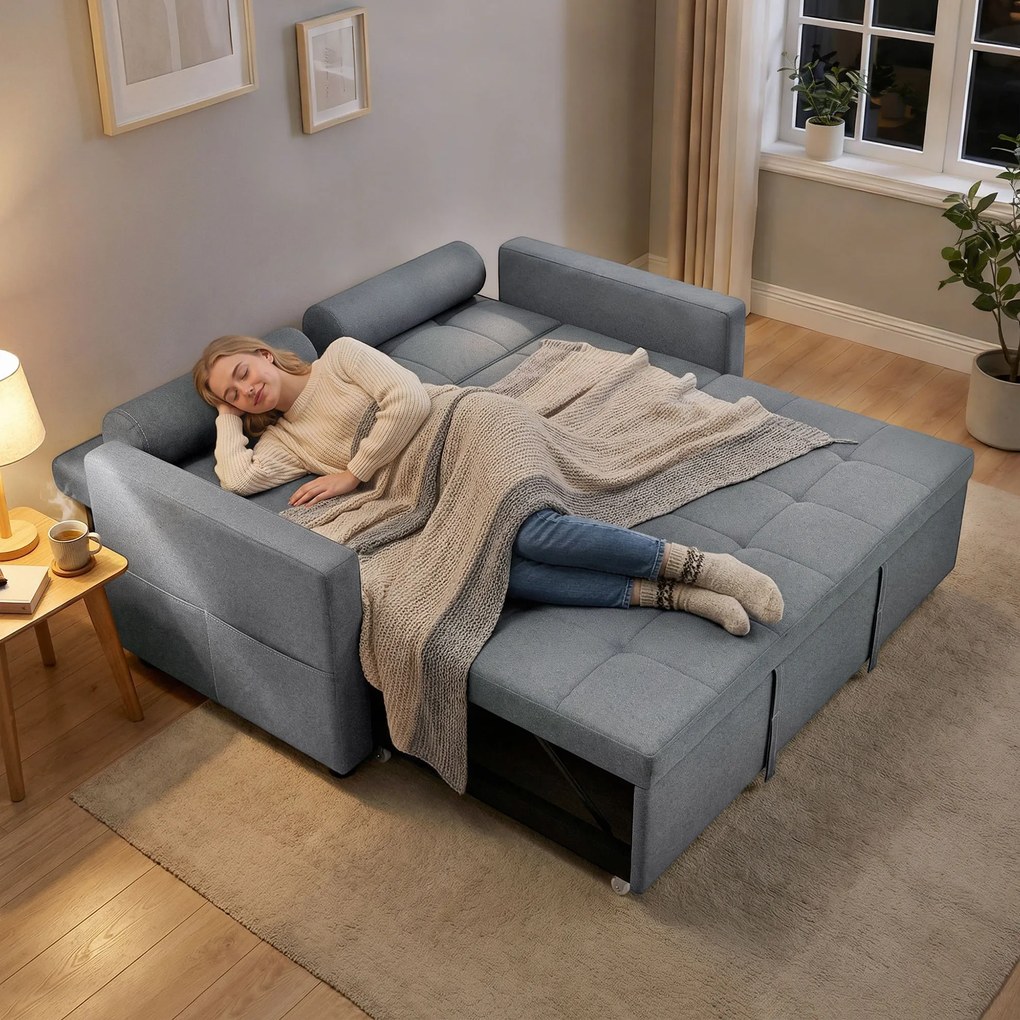 Sofá-Cama 2 Lugares 3 em 1 Deslizante em Tecido Linho com Encosto Ajustável Bolsos 2 Almofadas para Sala de Estar Cinza