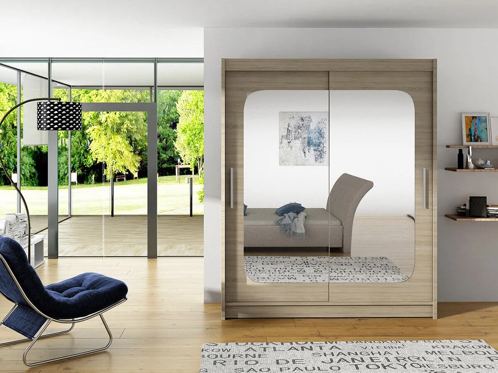 Roupeiro Closico 135, Carvalho sonoma, 200x150x58cm, 116 kg, Portas para roupeiro: Deslizante, Número de prateleiras: 5, Número de prateleiras: 5