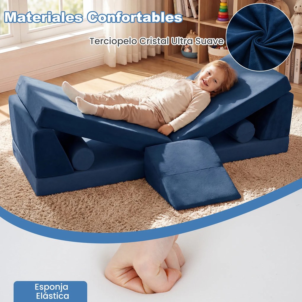 Sofá infantil modular de 10 peças 151 x 99 x 44 cm dobrável, com felpa macia e espuma elástica; capas com fechos de correr, laváveis na máquina, para