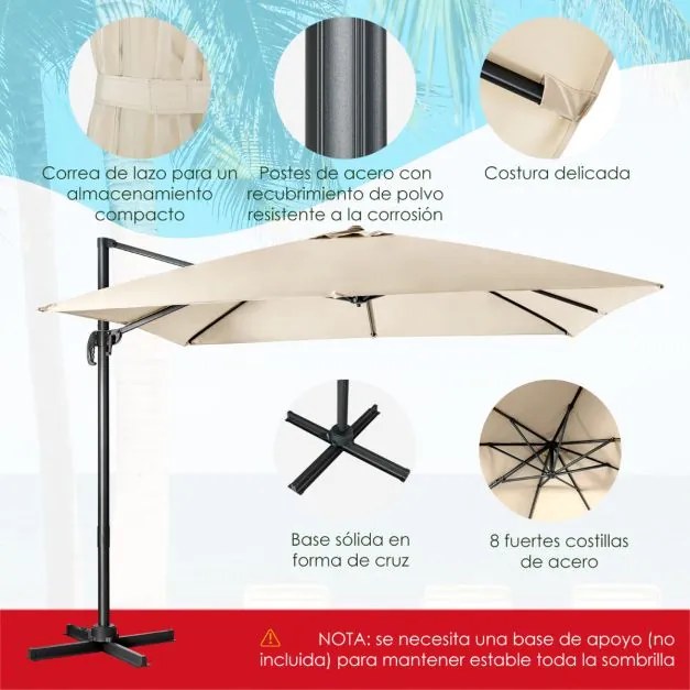 Guarda-sol 300 cm para jardim com manivela, 3 inclinações, rotação de 360°, 8 varas, base cruzada Bege
