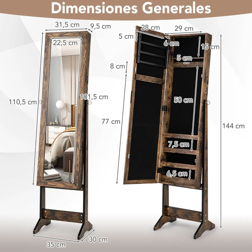 Armário para joias com espelho de corpo inteiro  35 x 30 x 144 cm e 3 ângulos ajustáveis Organizador de joias 2 em 1 Natural