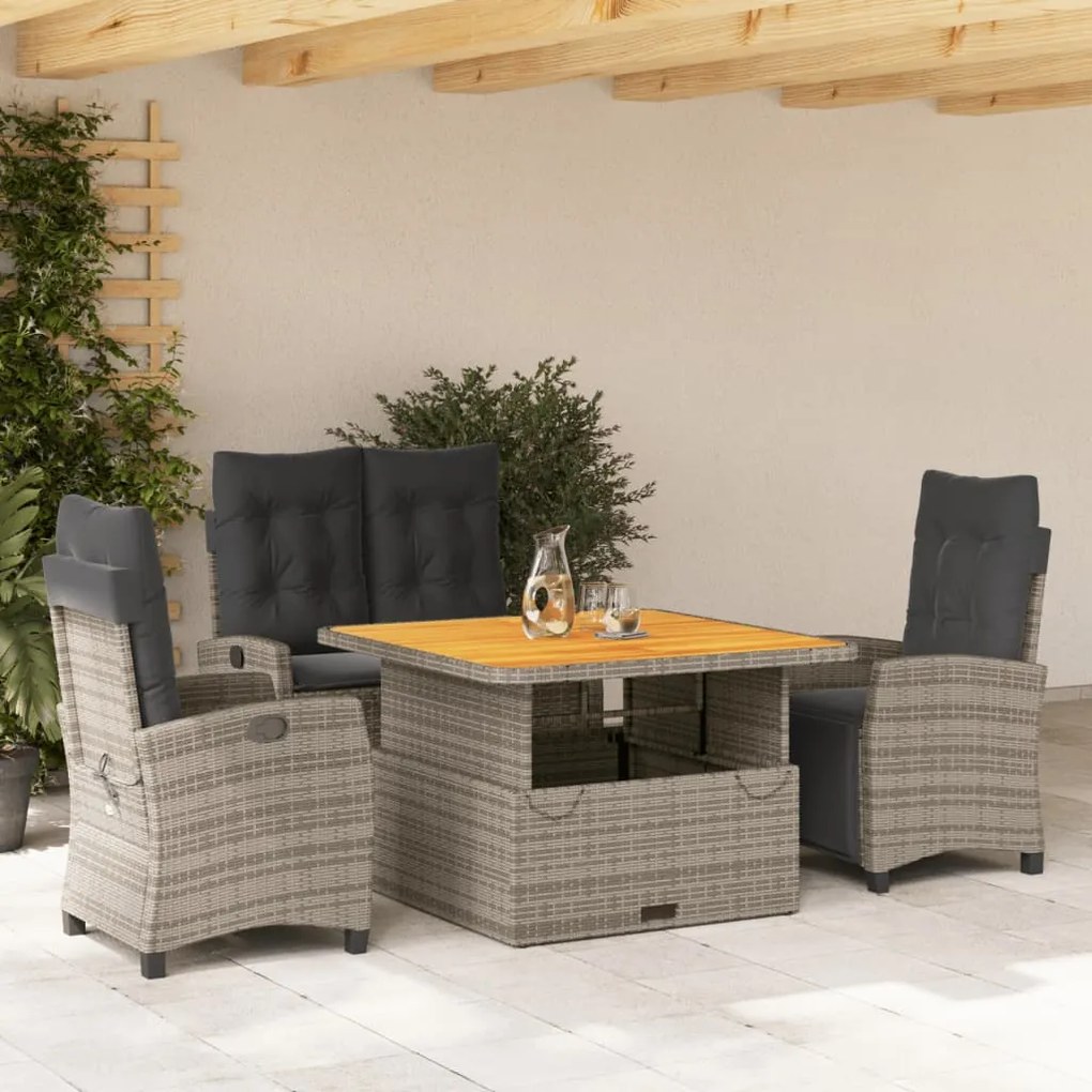 vidaXL 4 pcs conjunto de jantar p/ jardim c/ almofadões vime PE cinza