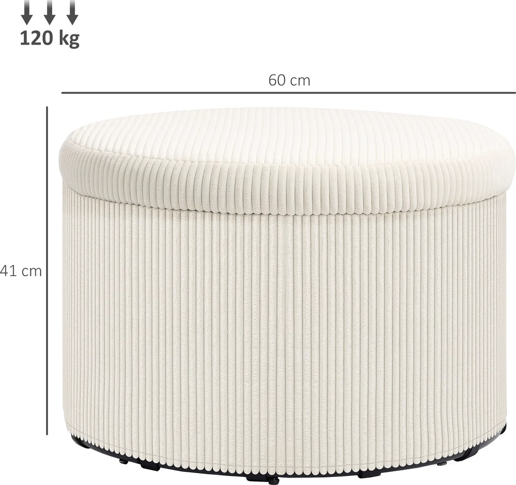 Pufe com arrumação, banco redondo, pufe para apoiar os pés em veludo canelado, capacidade de carga de 120 kg, Ø 60 x 41 cm, bege
