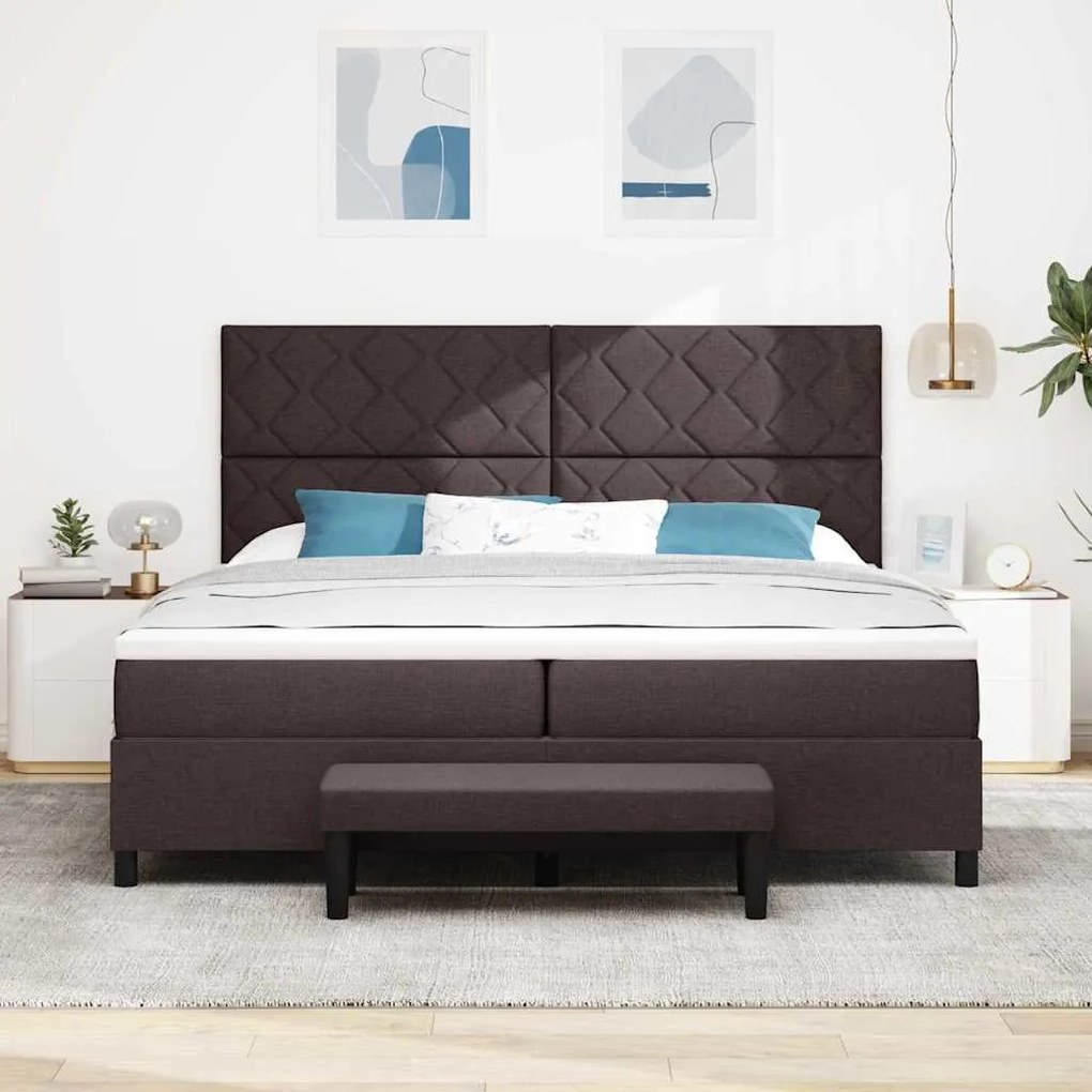 Cama Box com Colchão &amp; Banco Marrom Escuro 200x200 cm Tecido