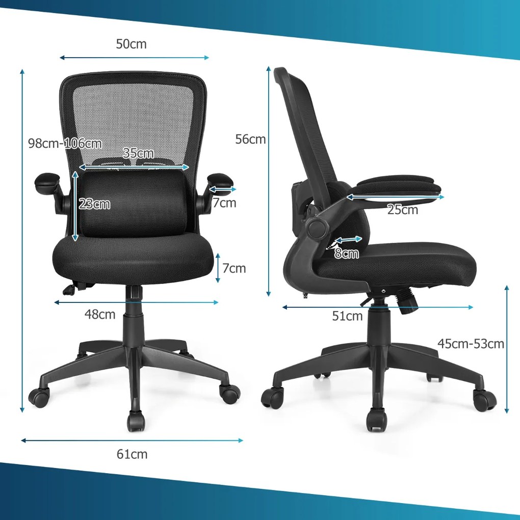 Cadeira Giratória de Escritório Rede com Apoio Lombar Cadeira Ergonómica com Encosto Ajustável e Apoios de Braço preto
