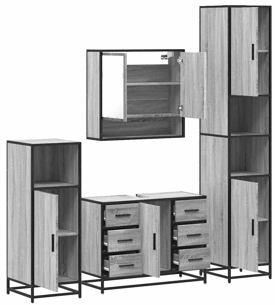 4 pcs Conjunto móveis casa de banho madeira proc. cinza sonoma