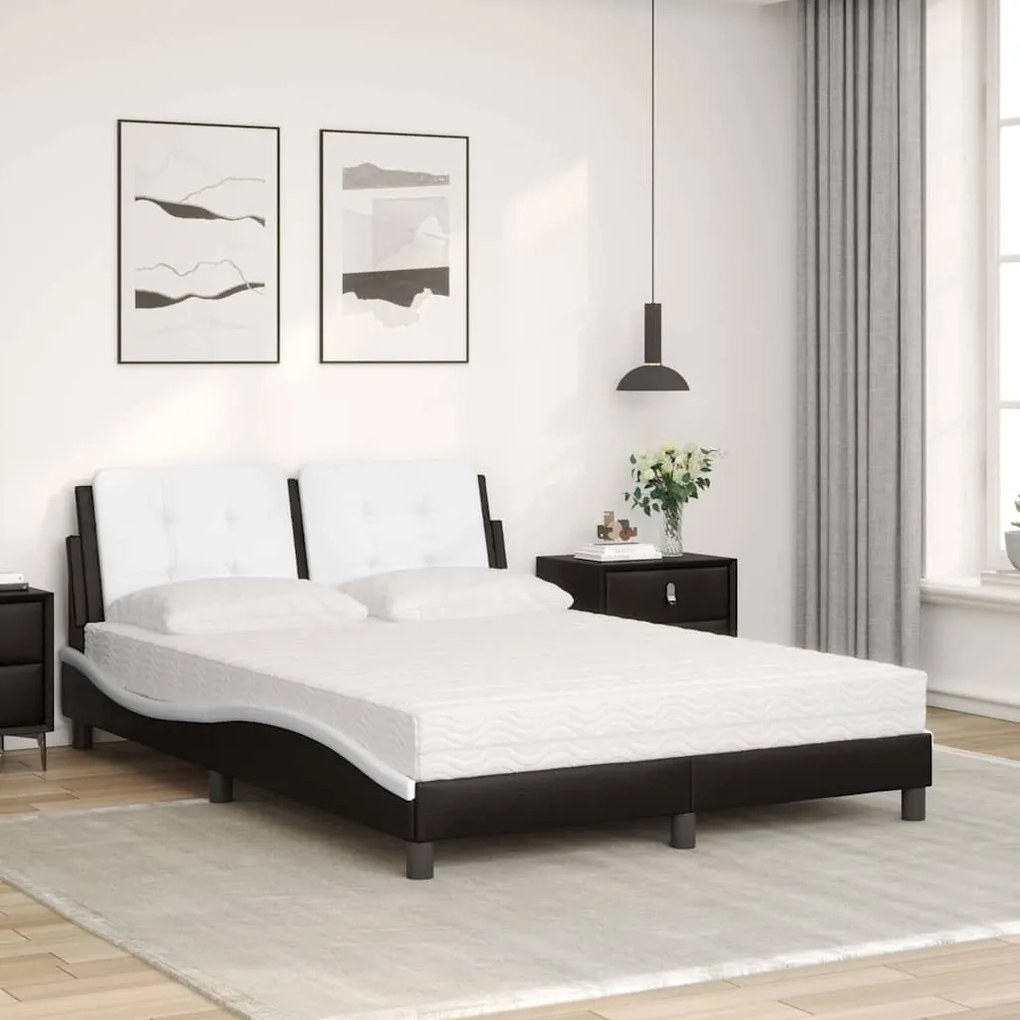 Cama com colchão 140x200 cm couro artificial preto e branco