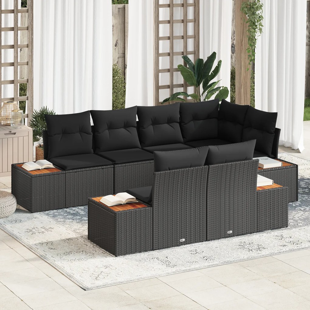 Conjunto de Sofá de 7 Peças com Almofadas Preto de Vime