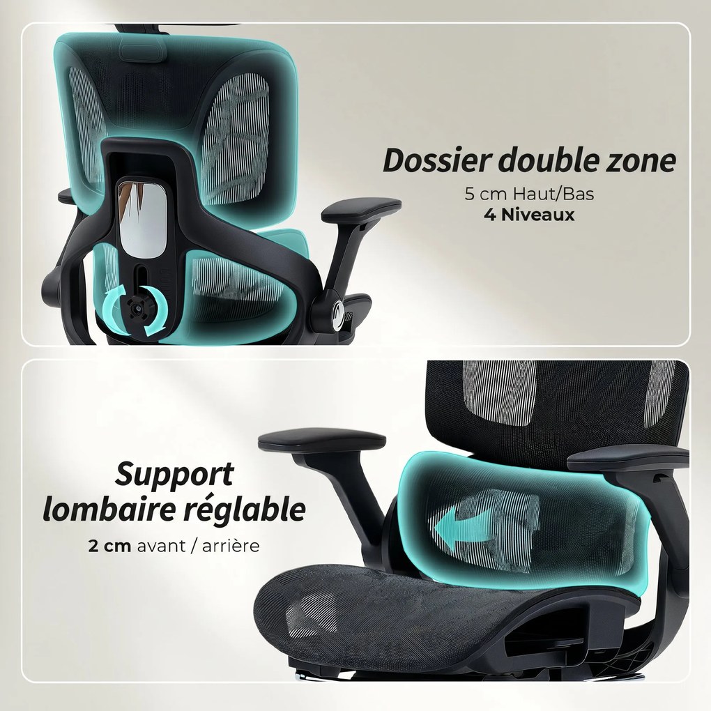 Cadeira de escritório ergonómica com braços 4D, apoio para a cabeça e profundidade do assento ajustáveis, em malha preta