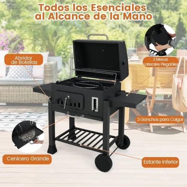 Churrasqueira XXL portátil com tampa e 2 mesas laterais dobráveis, 3 ganchos 2 rodas e abridor de garrafas 132 x 57 x 106 cm preto