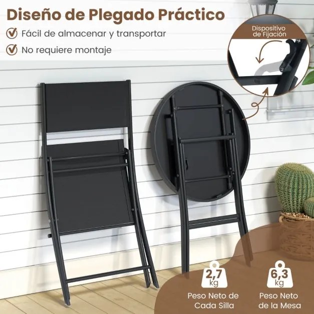 Conjunto de jardim dobrável de 3 peças para exterior com assento respirável e tampo de vidro temperado com estrutura metálica preta