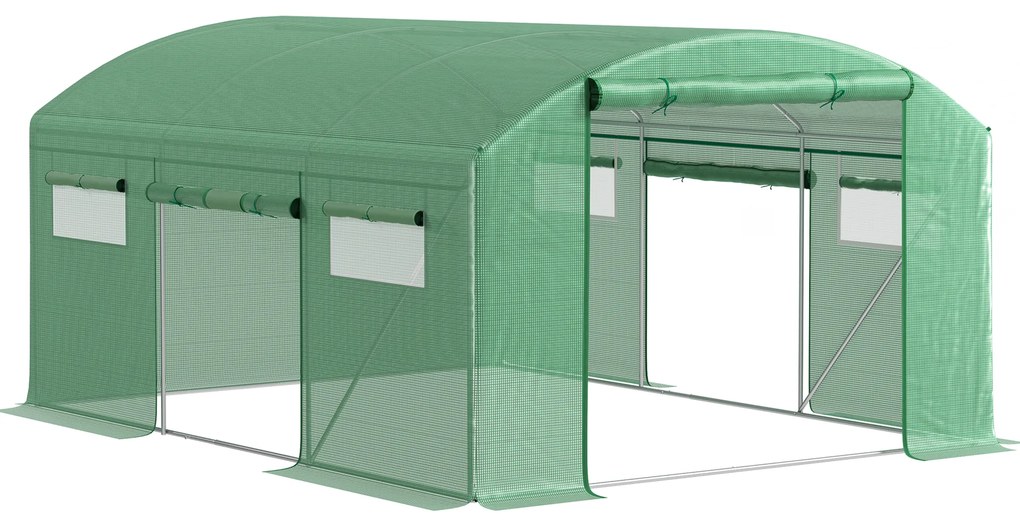 Outsunny Estufa tipo Túnel 397x300x200 cm Estufa de Exterior com 4 Janelas de Malha Cobertura de PE Anti UV e 3 Portas Enroláveis Verde | Aosom Portugal
