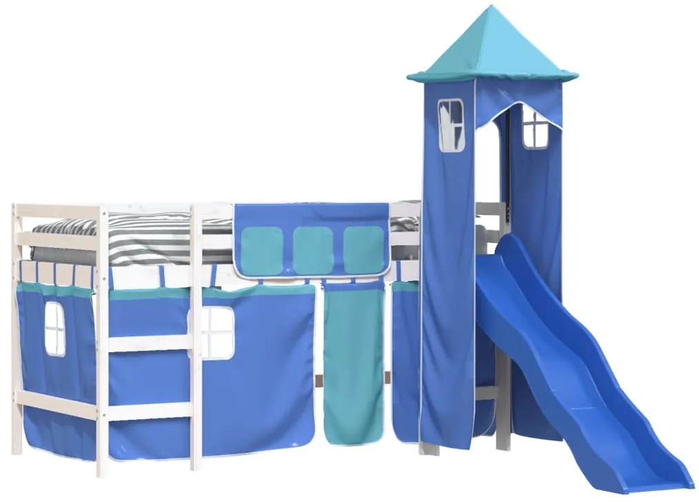 Cama alta para criança com torre 90x200 cm pinho maciço azul