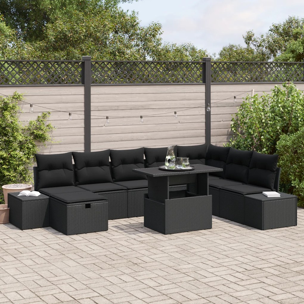 Conjunto de Sofá de Jardim de 9 Peças com Almofadas Preto Polirattan