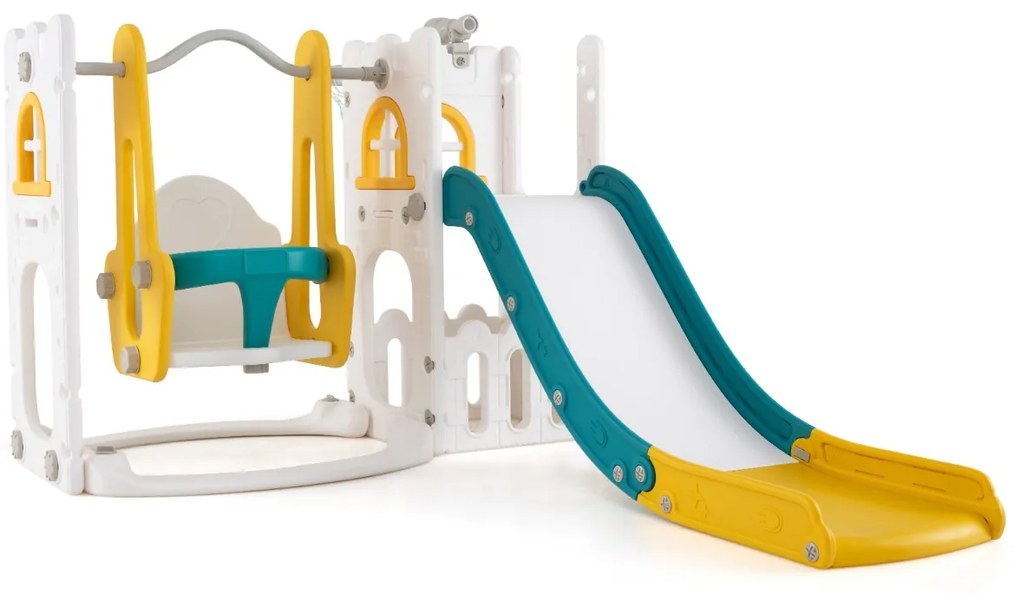 Conjunto de escorrega Crianças em forma de L 7 em 1 com baloiço, aro de basquetebol e telescópio Amarelo e Verde