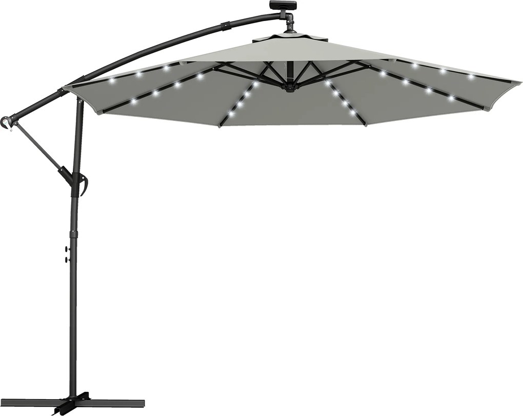 Outsunny Guarda-sol suspenso LED Solar aprox. Ø300 cm giratório Guarda-sol com manivela Base Capa protetora Cinza claro | Aosom Portugal