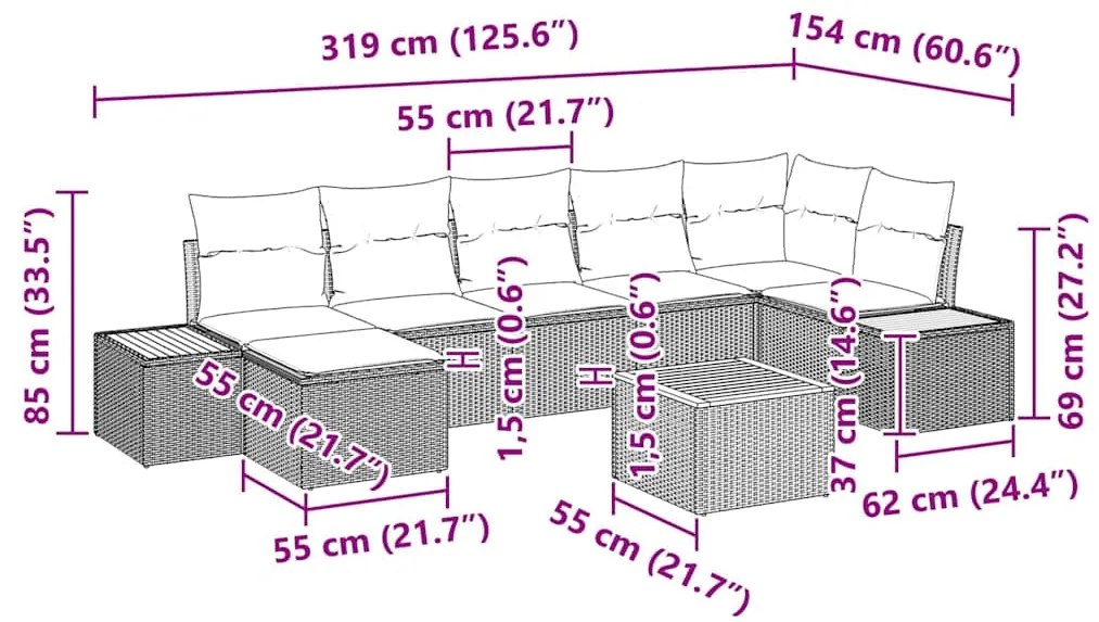 Conjunto de Sofá de Jardim 8 pcs Bege 55 x 55 x 37 cm Rattan PE