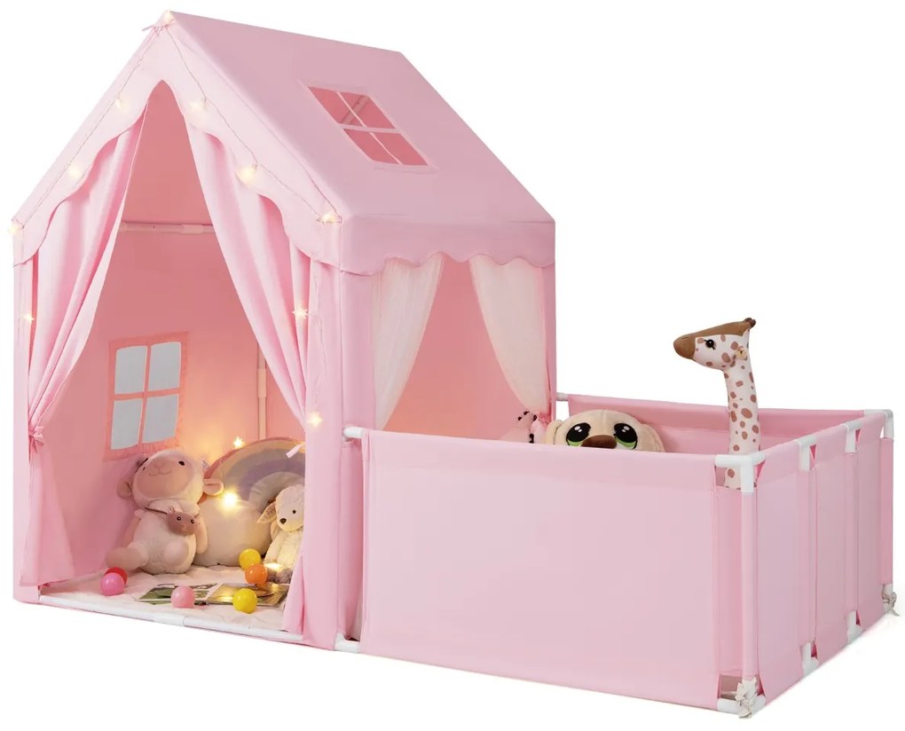 Tenda infantil 2 em 1 com Luzes de estrelas 177 x 97 x 136 cm Tapete Cortinas Janelas para crianças 3+ anos Interior Rosa
