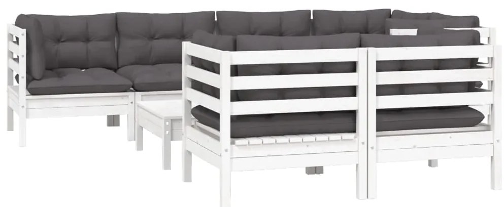 8 pcs conj. lounge de jardim c/ almofadões pinho maciço branco
