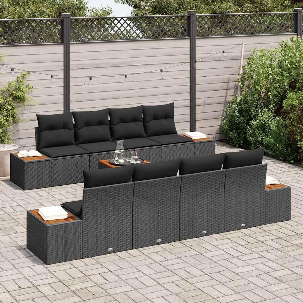 Conjunto de Sofá de Jardim vidaXL 9 Peças com Almofadas Preto Rattan A