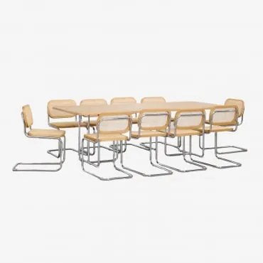 Conjunto De Mesa Retangular 240x100 Cm Em Mdf E Aço Inoxidável E 10 Cadeiras De Jantar Em Rattan Tento Folheado A Freixo - Sklum