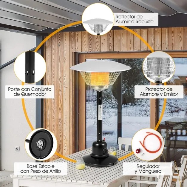 Aquecedor portátil de mesa de 90 cm para jardim a gás propano para exteriores com proteção contra tombamento e superaquecimento Preto