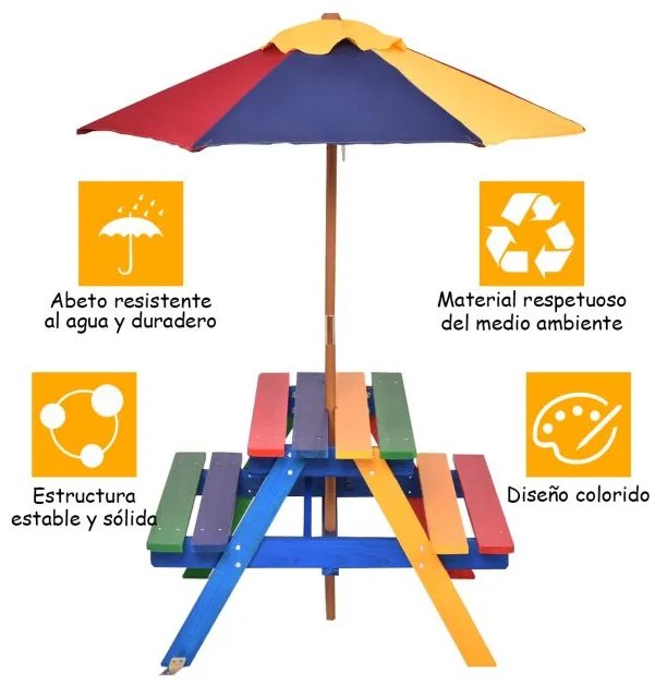 Conjunto de mesa de piquenique de madeira e guarda-sol para crianças dobrável para jardim multicolorido