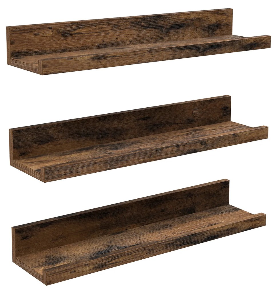 Prateleiras flutuantes VASAGLE, conjunto de 3 prateleiras de parede de madeira, 38 cm de comprimento, com borda frontal, para bugigangas, potes de especiarias, quadros emoldurados, marrom rústico LWS037X01