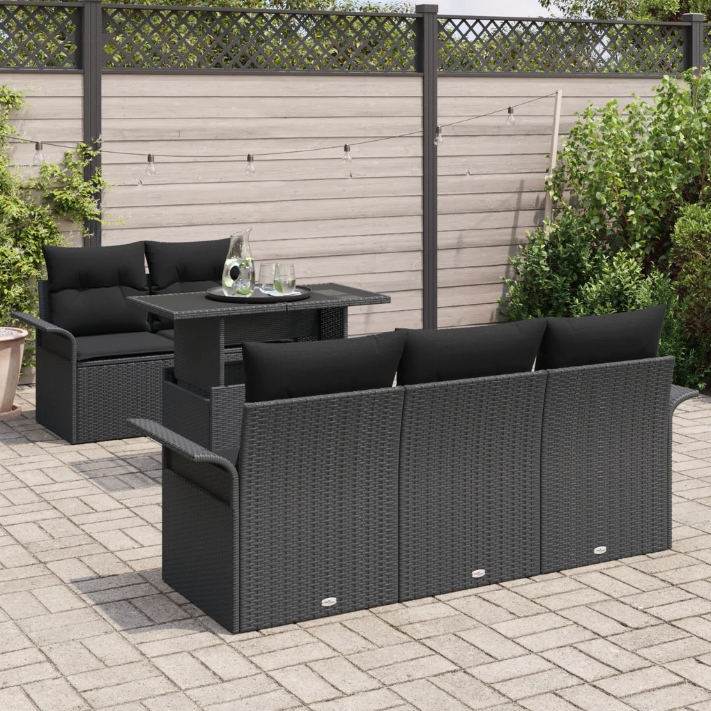Conjunto de Sofá de Jardim de 6 Peças com Almofadas Rattan Preto Polié
