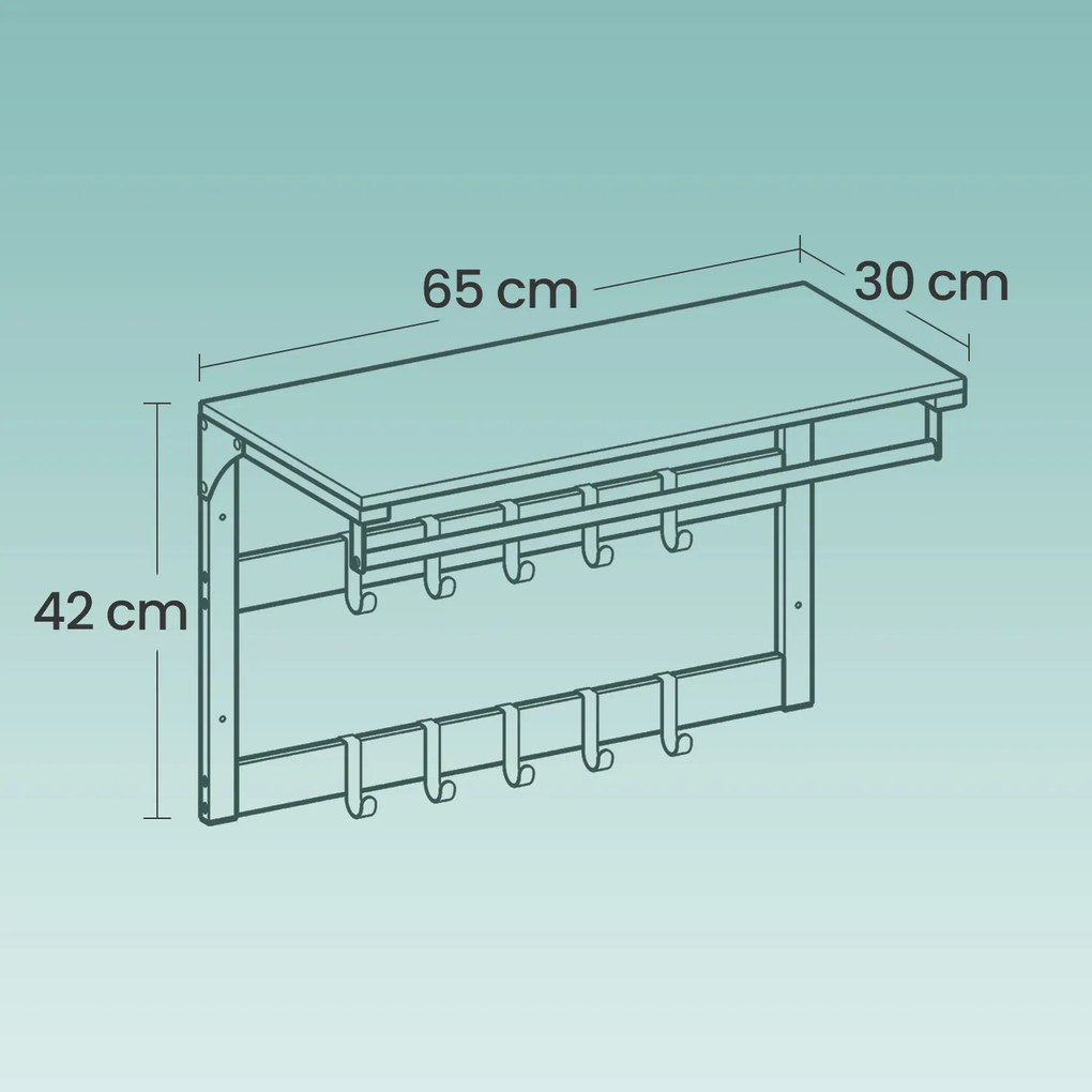 Cabide de parede com prateleira e 10 ganchos removíveis 30 x 65 x 42 cm cor de carvalho + branco