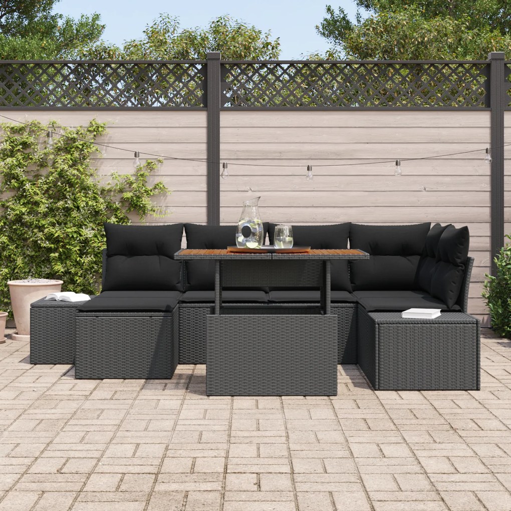 Conjunto de Sofás de Jardim de 7 Peças com Almofadas Preto Polirattan