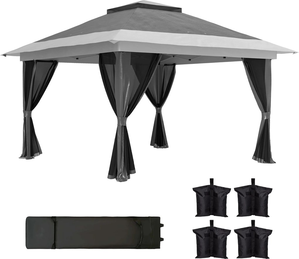 Outsunny Pérgola Dobrável 356x356x280 cm com 4 Paredes Laterais de Malha Anti-UV Altura Ajustável e Bolsa de Transporte Cinza Escuro | Aosom Portugal