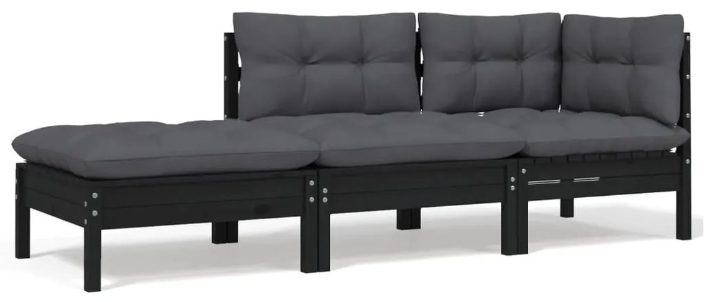 3 pcs conjunto lounge jardim c/ almofadões pinho maciço preto