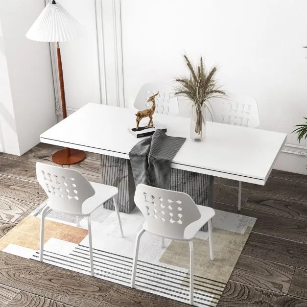 Conjunto de 4 cadeiras de jantar modernas em meta com costas ocas e pernas em metal Cadeira de hóspedes sem braços Branco