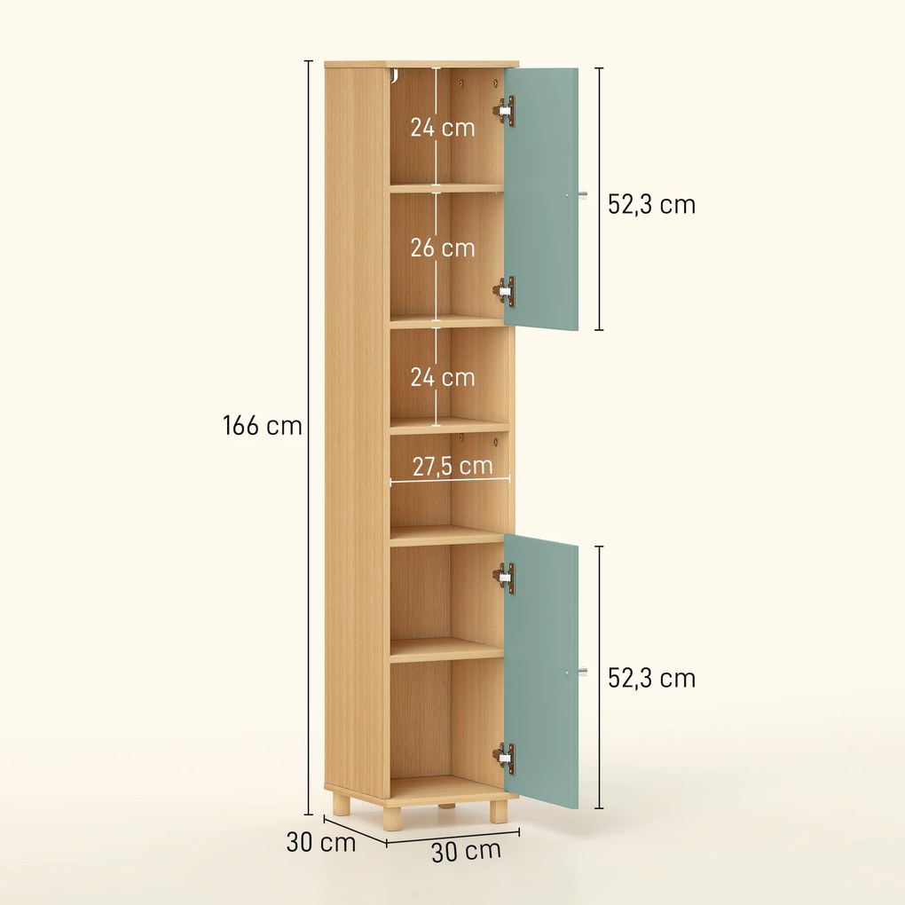 Móvel de casa de banho 30 x 30 x 166 cm, móvel de arrumação com 2 armários, 2 compartimentos abertos e prateleiras ajustáveis, verde