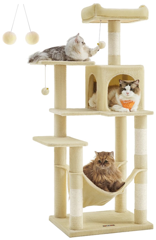 Feandrea PCT161M01 Torre de Brinquedos para Gatos Altura 143 cm com 4 Arranhadores, 2 Plataformas, 1 Canil, 1 Rede, 2 Pompons, Tecido Pelúcia, Multinível, Bege