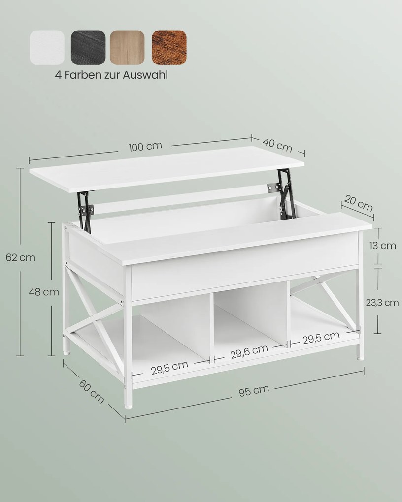 Mesa de centro ajustável em altura para sala de estar 60 x 100 x (48-62) Branca