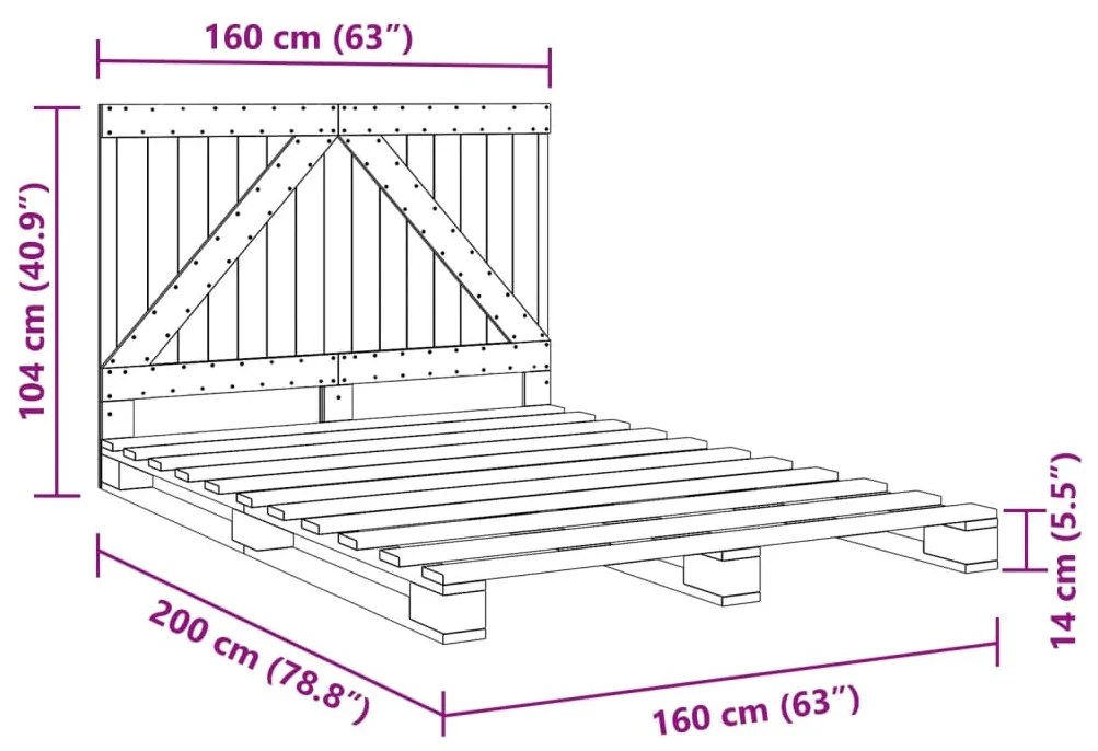 Estrutura de cama com cabeceira 160x200cm pinho maciço cinzento