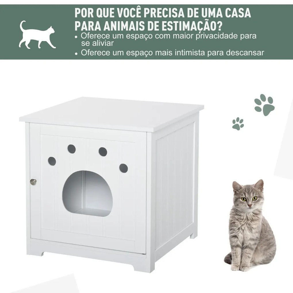 Casa para Gatos de Madeira Caixa de Areia para Gatos com Porta e Entrada em Forma de Garra para Descansar 48x51x51cm Branco