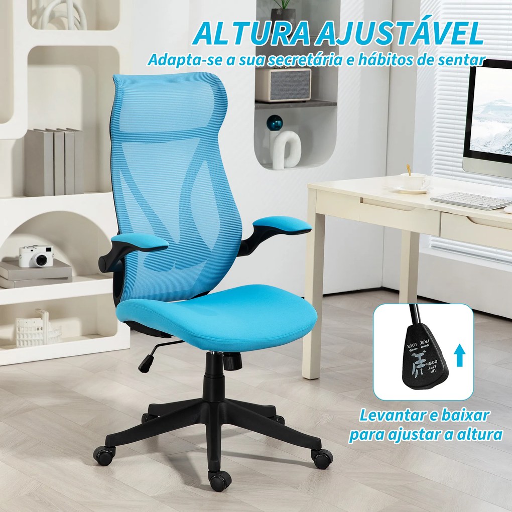 Cadeira de Escritório Giratória com Altura Ajustável Apoio para os Braços Dobráveis e Função Basculante 66x66x113-121 cm Azul