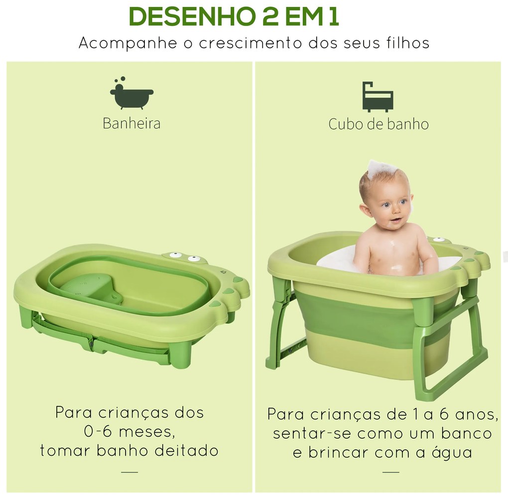 Banheira Dobrável para Bebé de 0-6 Anos Capacidade 105L Banheira Portátil para Crianças 75,3x55,4x43 cm Verde