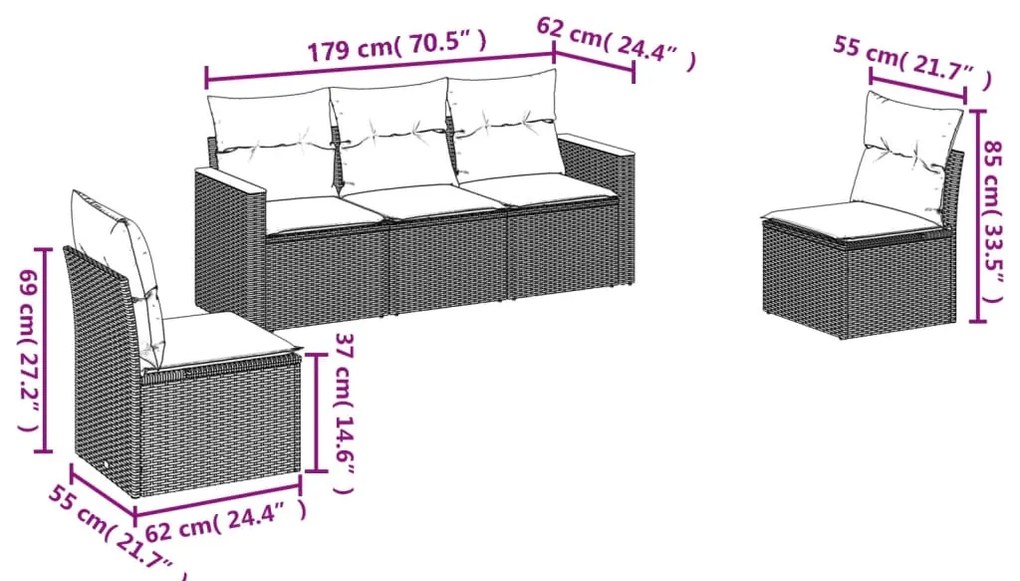5 pcs conjunto sofás de jardim com almofadões vime PE preto